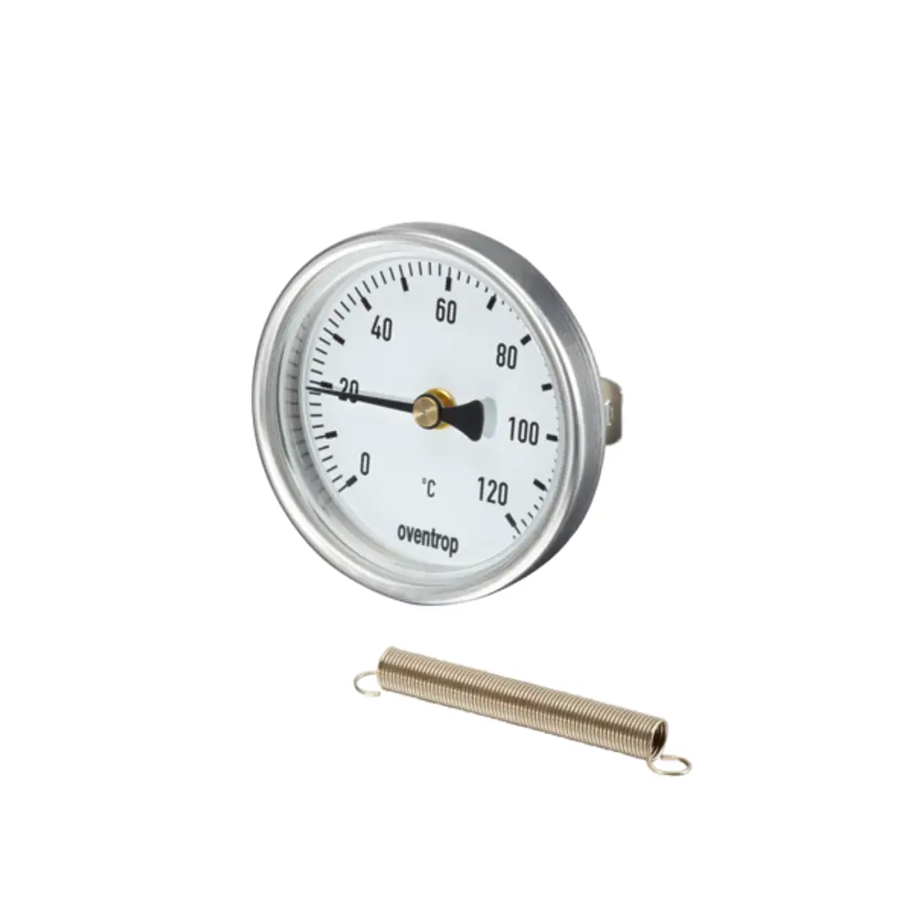Thermometer mit einem weißen Ziffernblatt und schwarzer Skala zur Temperaturmessung sowie einer Spiralfeder, hergestellt von Oventrop.